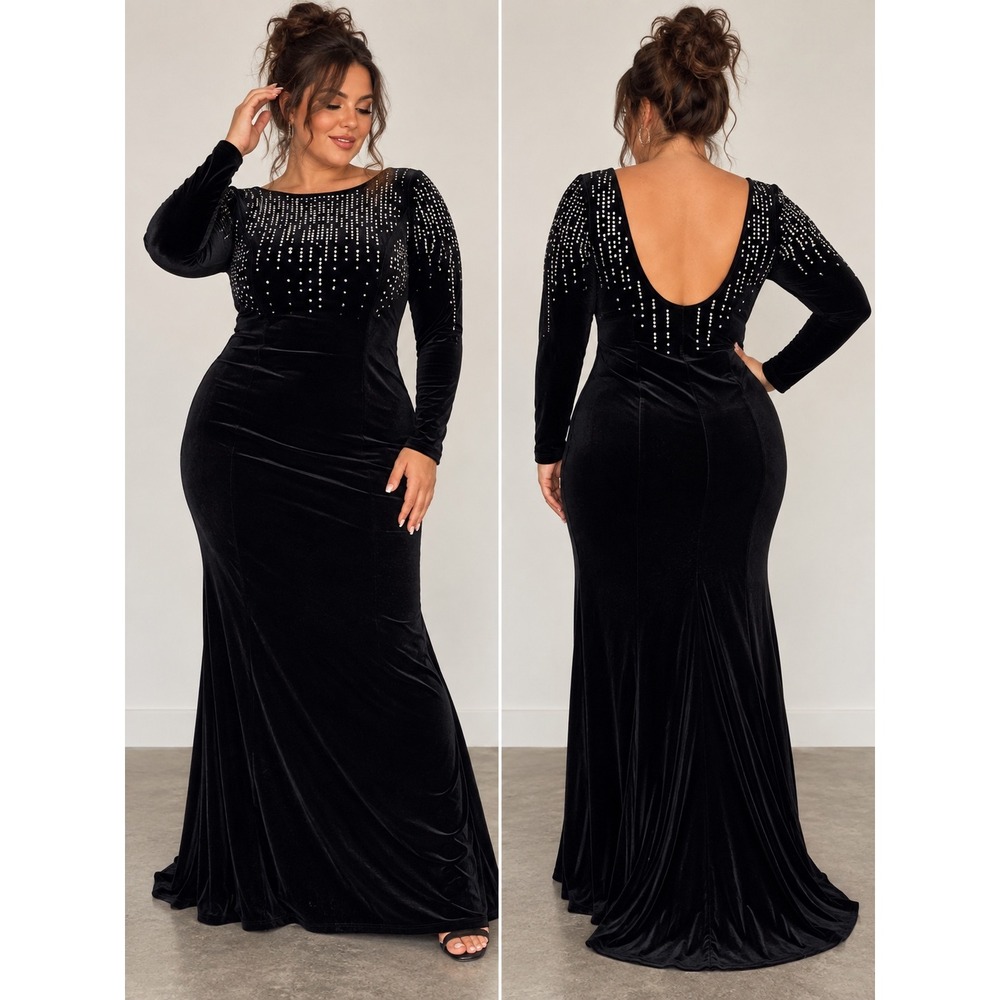 Jessica McClintock Black Velvet Rhinestone Long Sleeve Evening Gown Size 12
